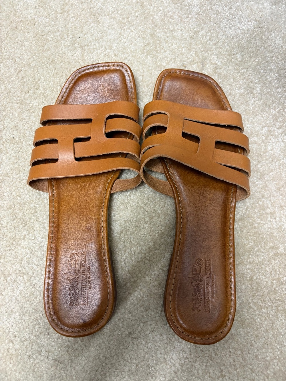 Coach and Four Tan Leather Slide Sandals with Cutout Straps